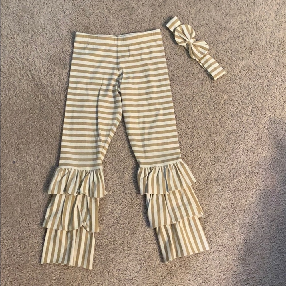Eleanor Rose Girls Striped Ruffle Leggings and Headband - Cream and Tan
